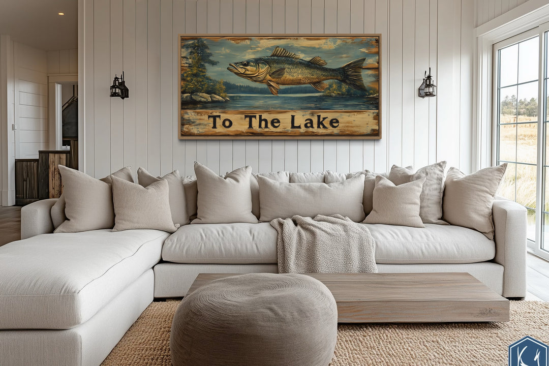 Rustic Fishing Sign - Cabin Wall Decor | Panoramic Lake Inspired Fishing Wall Art