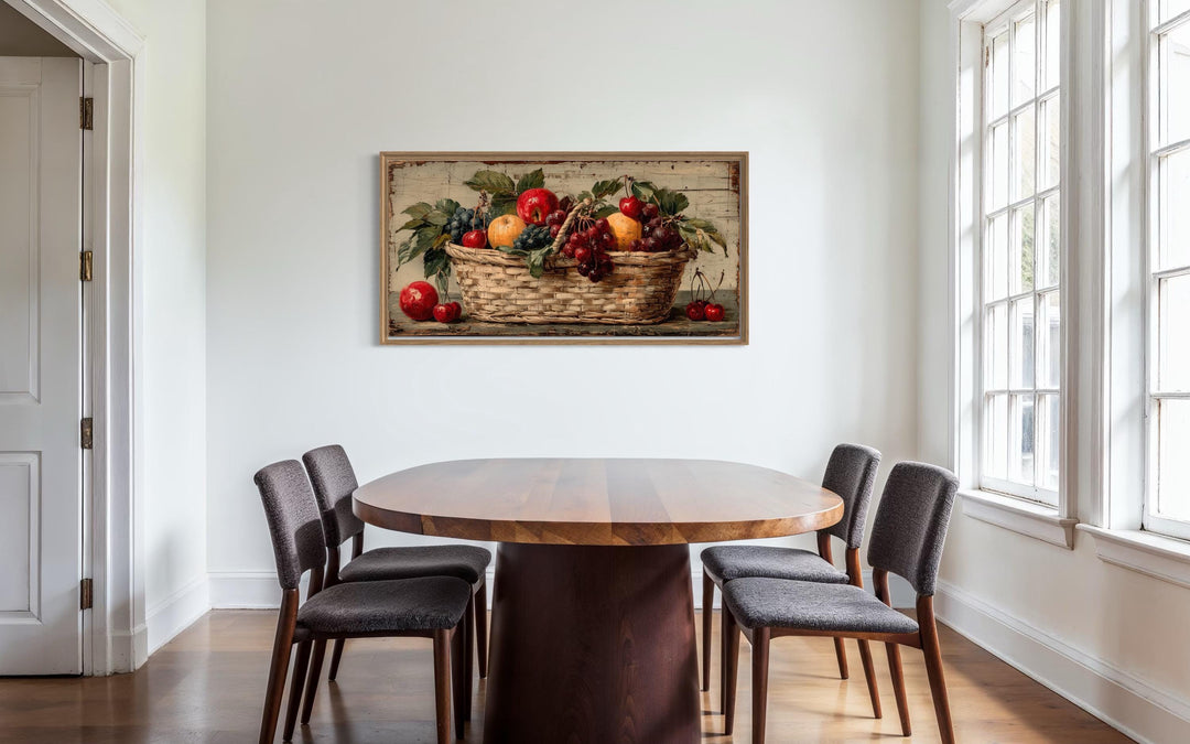 Rustic fruit basket painting on distressed wood canvas wall art in a modern dining room.