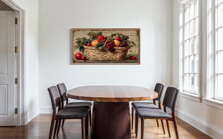 Rustic fruit basket painting on distressed wood canvas wall art in a modern dining room.
