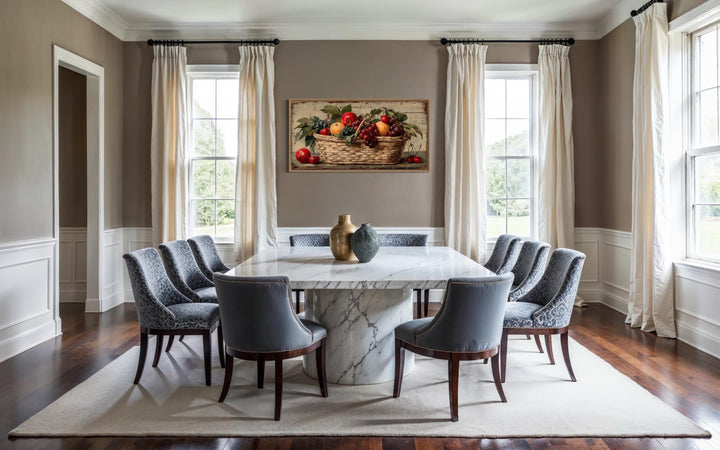 Rustic fruit basket painting on distressed wood canvas wall art in a formal dining room.