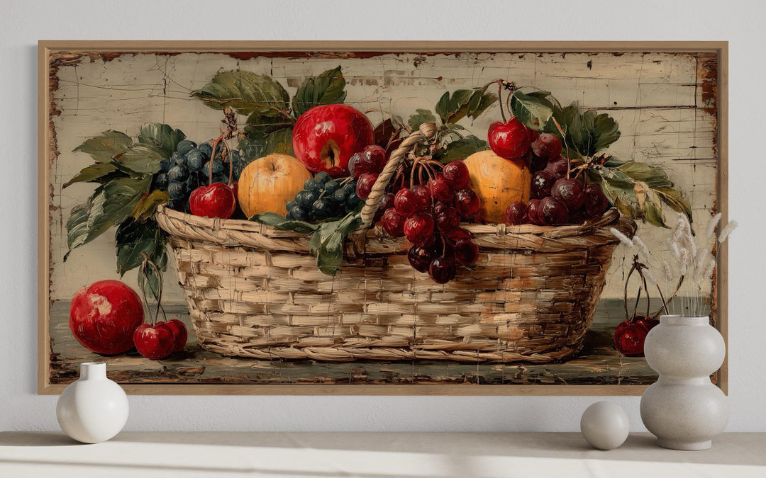 Rustic fruit basket painting on distressed wood canvas wall art in a farmhouse kitchen setting.