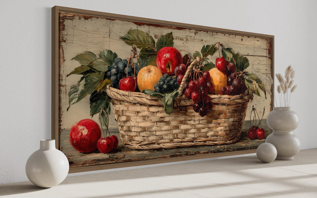 Rustic fruit basket painting on distressed wood canvas wall art in a farmhouse kitchen setting.