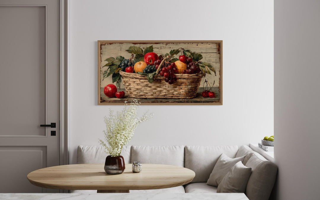 Rustic fruit basket painting on distressed wood canvas wall art in a farmhouse kitchen setting.