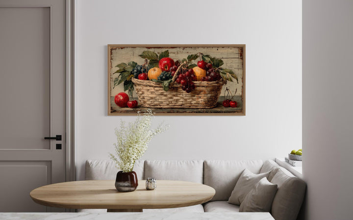 Rustic fruit basket painting on distressed wood canvas wall art in a farmhouse kitchen setting.