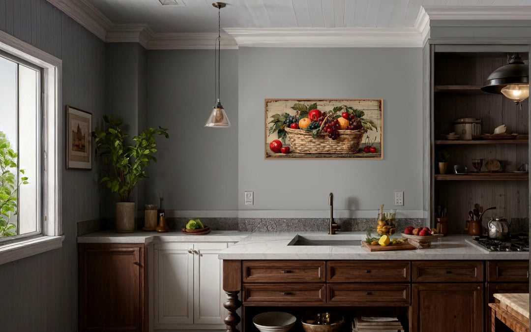 Rustic fruit basket painting on distressed wood canvas wall art in a farmhouse kitchen setting.