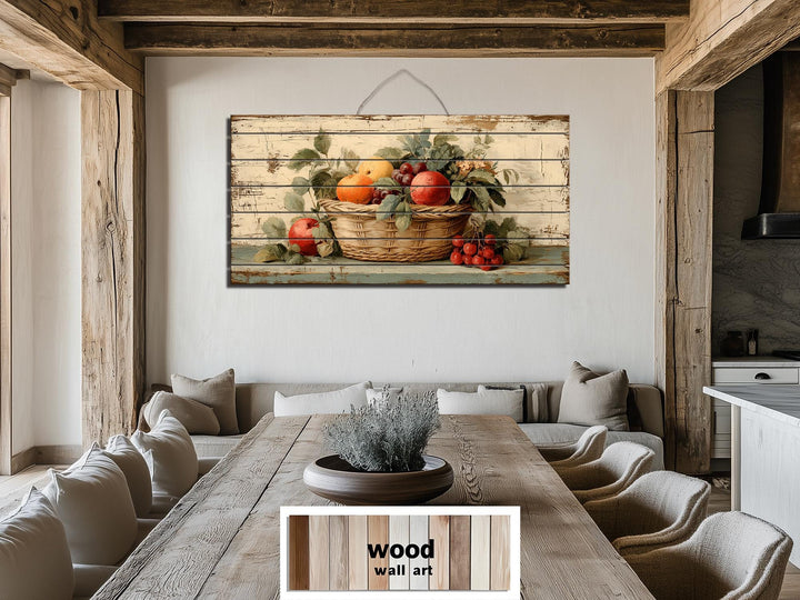 Rustic Fruit Basket Painting on Distressed Wood Farmhouse Kitchen Wall Art