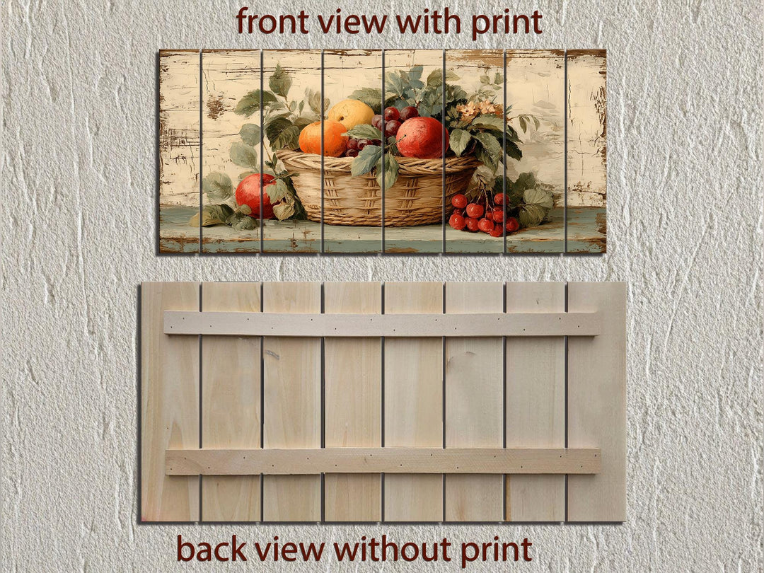 Rustic Fruit Basket Painting on Distressed Wood Farmhouse Kitchen Wall Art