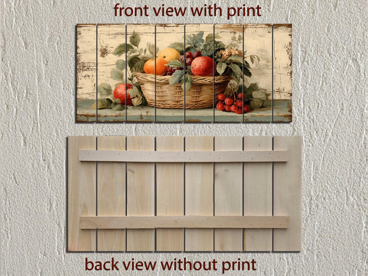 Rustic Fruit Basket Painting on Distressed Wood Farmhouse Kitchen Wall Art