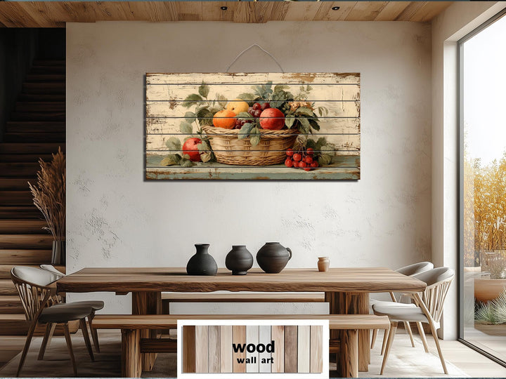 Rustic Fruit Basket Painting on Distressed Wood Farmhouse Kitchen Wall Art