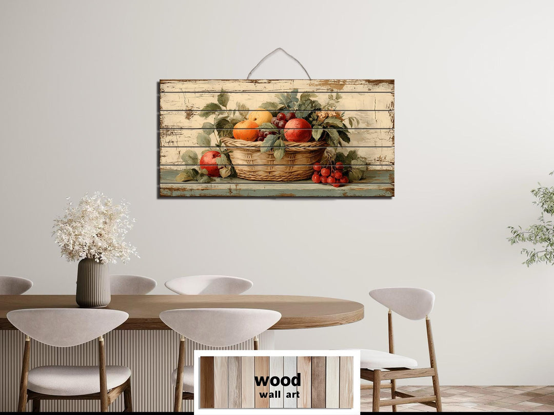Rustic Fruit Basket Painting on Distressed Wood Farmhouse Kitchen Wall Art