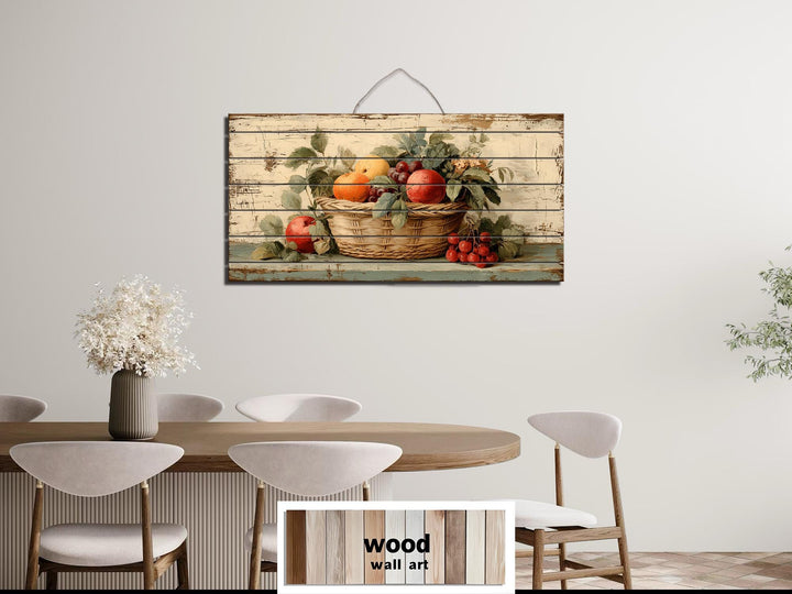 Rustic Fruit Basket Painting on Distressed Wood Farmhouse Kitchen Wall Art
