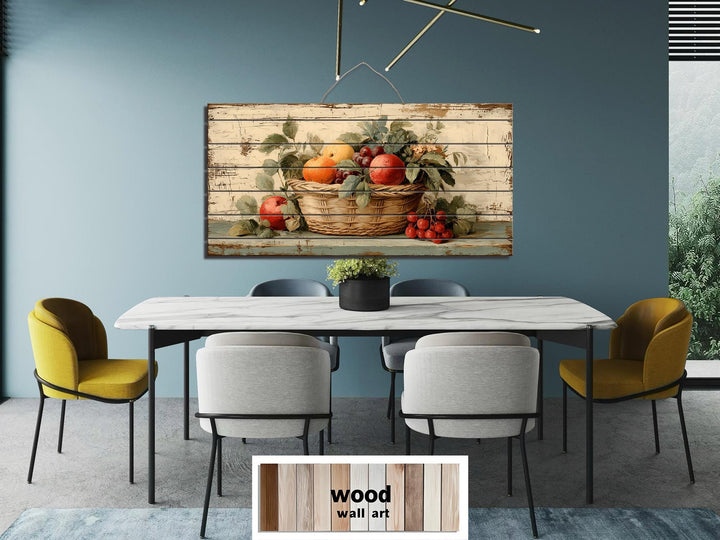 Rustic Fruit Basket Painting on Distressed Wood Farmhouse Kitchen Wall Art