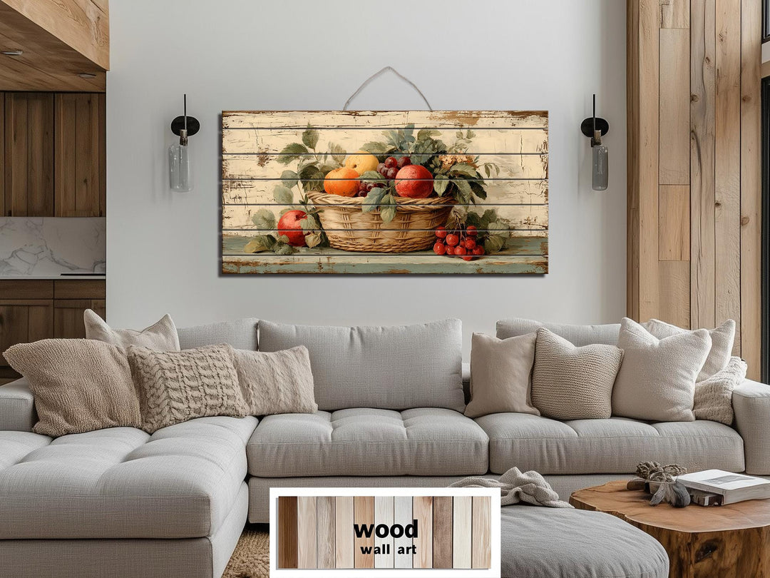 Rustic Fruit Basket Painting on Distressed Wood Farmhouse Kitchen Wall Art