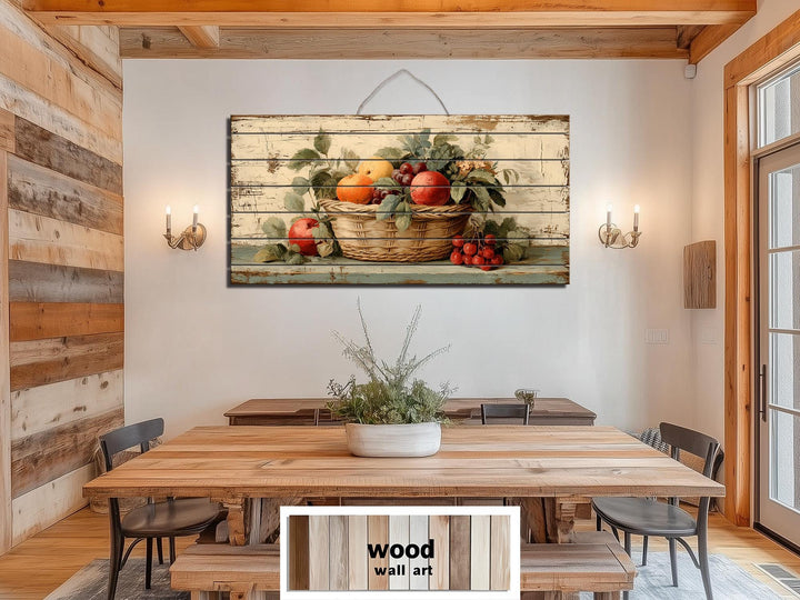 Rustic Fruit Basket Painting on Distressed Wood Farmhouse Kitchen Wall Art