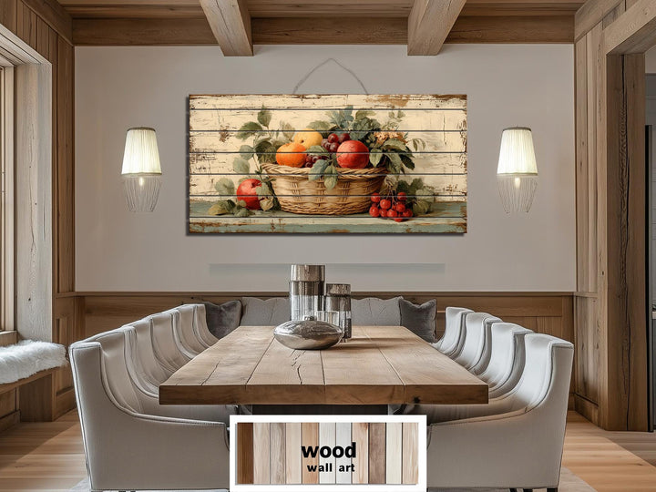 Rustic Fruit Basket Painting on Distressed Wood Farmhouse Kitchen Wall Art