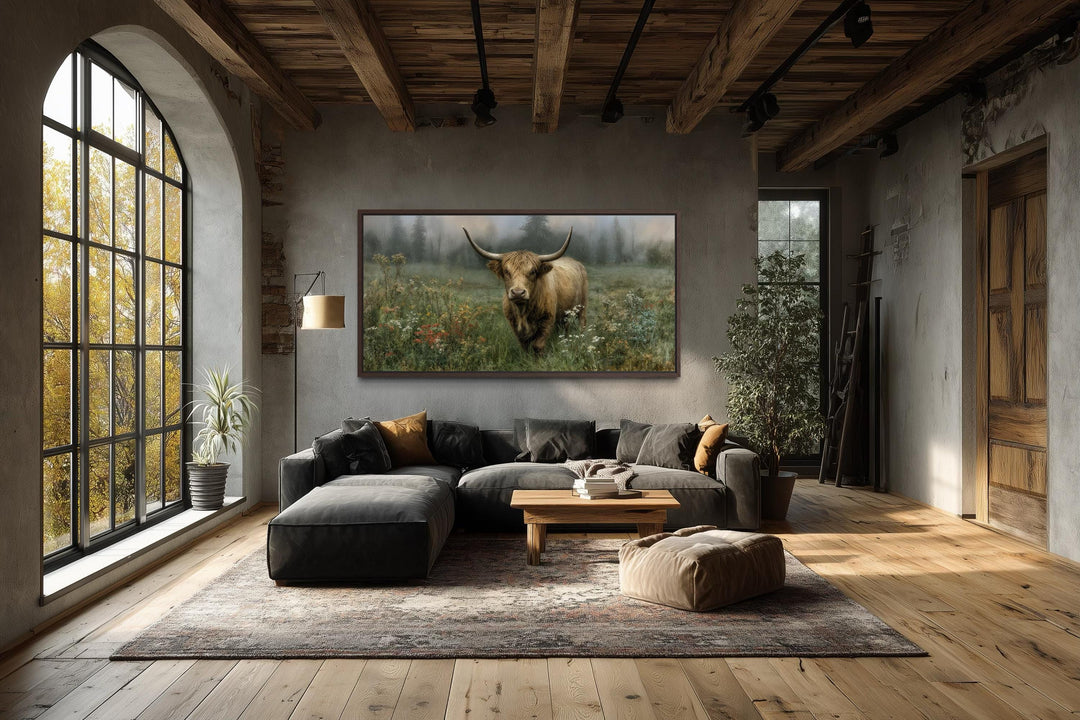 A rustic Highland cow painting on stretched canvas hangs in a farmhouse-style living room.