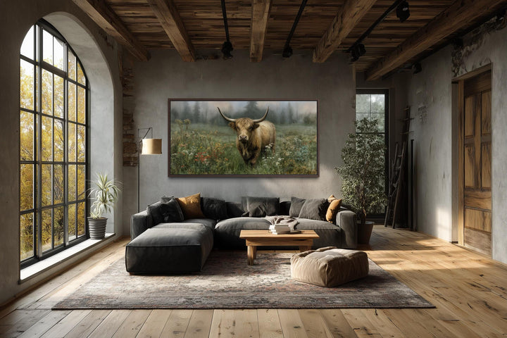 A rustic Highland cow painting on stretched canvas hangs in a farmhouse-style living room.