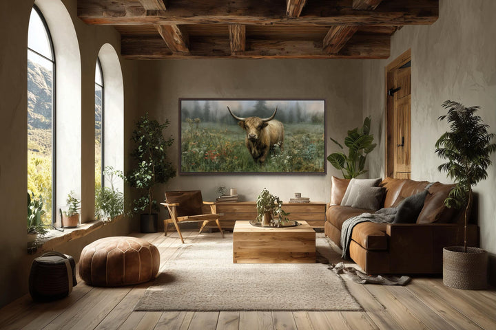 Rustic highland cow vintage nature painting on a large stretched canvas in a warm, earthy living room.