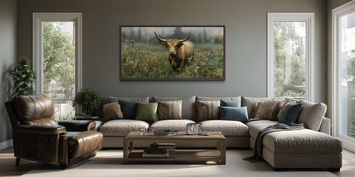 Rustic Highland cow vintage nature painting on stretched canvas print in a living room setting.