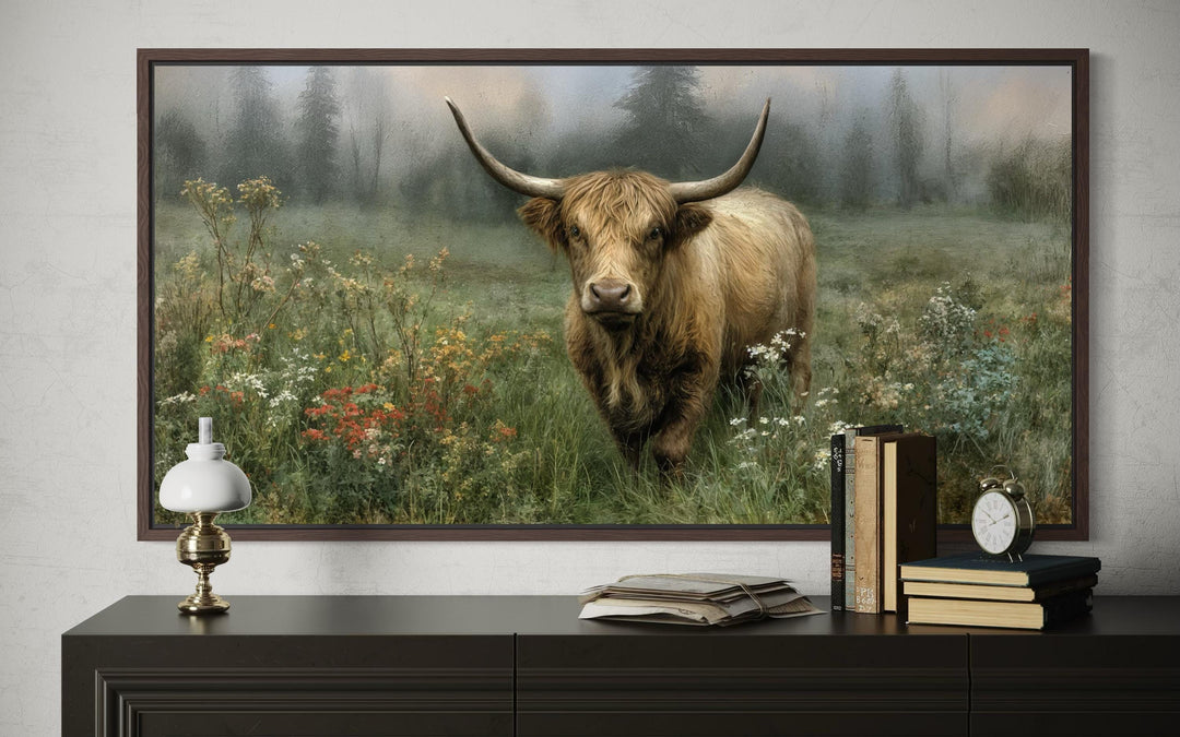 Rustic Highland cow vintage nature painting on a stretched canvas print above a dark wood dresser.