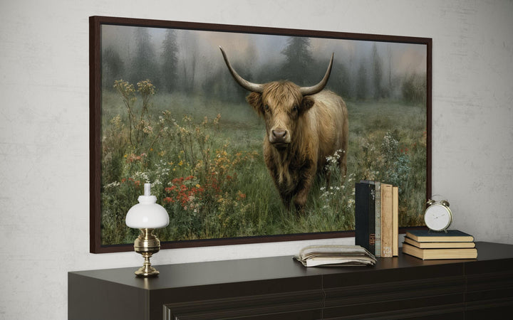 Rustic Highland cow vintage painting on a stretched canvas print displayed above a dark wood dresser.