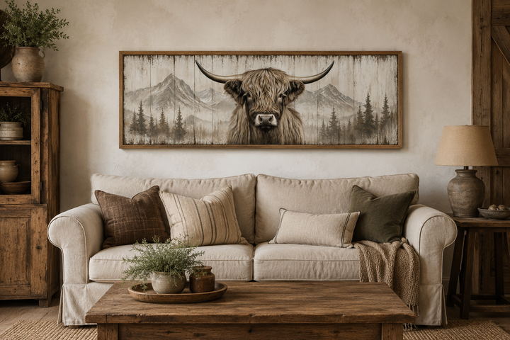 Rustic framed canvas wall art of a Highland cow on wood, hanging above a neutral sofa.