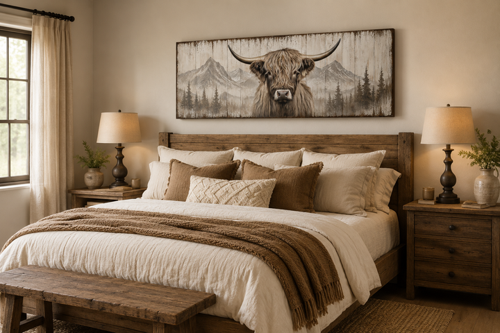 Rustic Highland cow painting on wood-style horizontal canvas above a farmhouse bed.