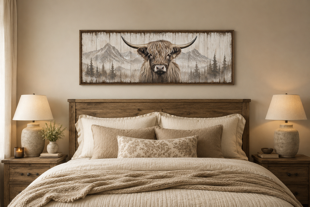 Rustic Highland cow painted on wood long horizontal framed canvas wall art above a bed.