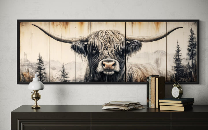 Rustic Highland Cow Painted On Wood Long Horizontal Framed Canvas Wall Art