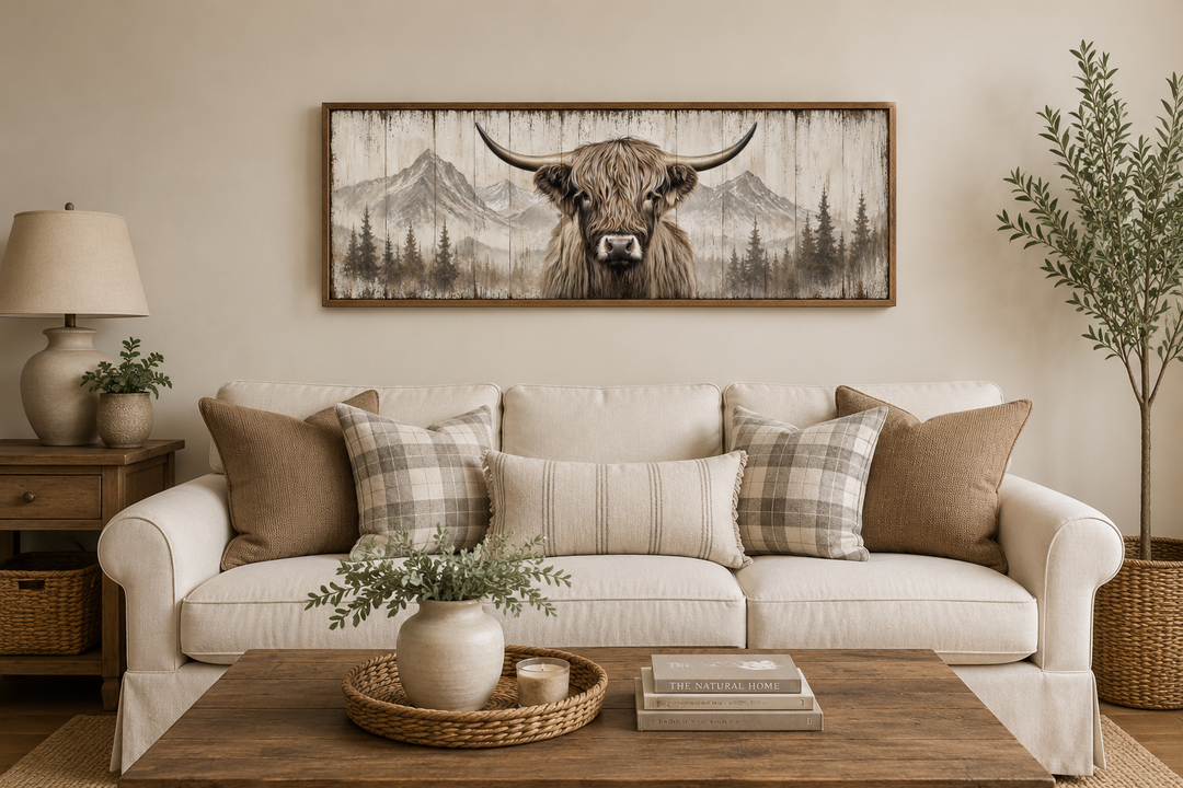 Rustic Highland cow painted on wood long horizontal framed canvas wall art above a cream sofa.