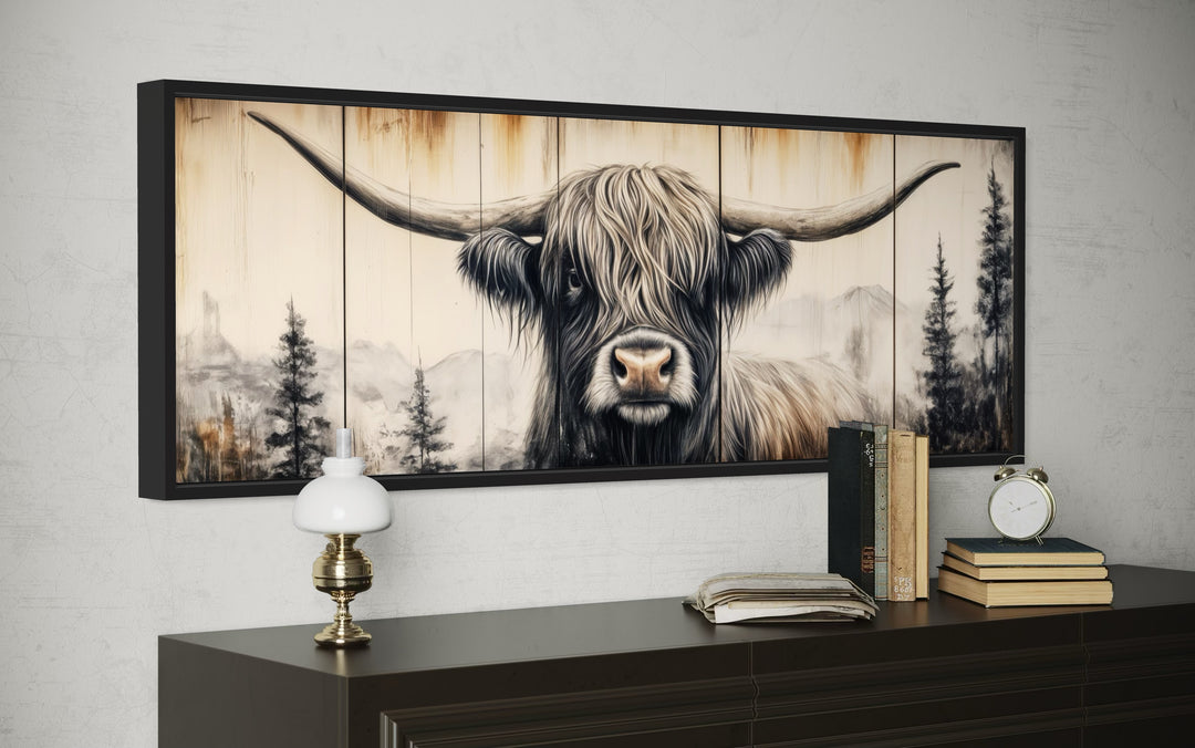 Rustic Highland Cow Painted On Wood Long Horizontal Framed Canvas Wall Art