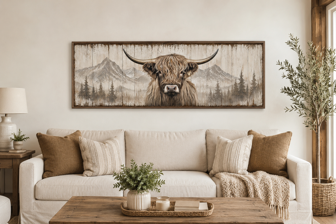 Rustic horizontal framed canvas wall art of a Highland cow on wood above a neutral sofa.