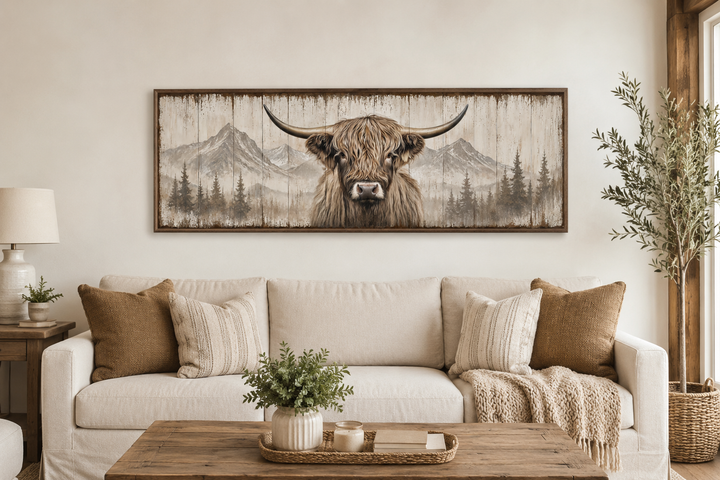 Rustic horizontal framed canvas wall art of a Highland cow on wood above a neutral sofa.