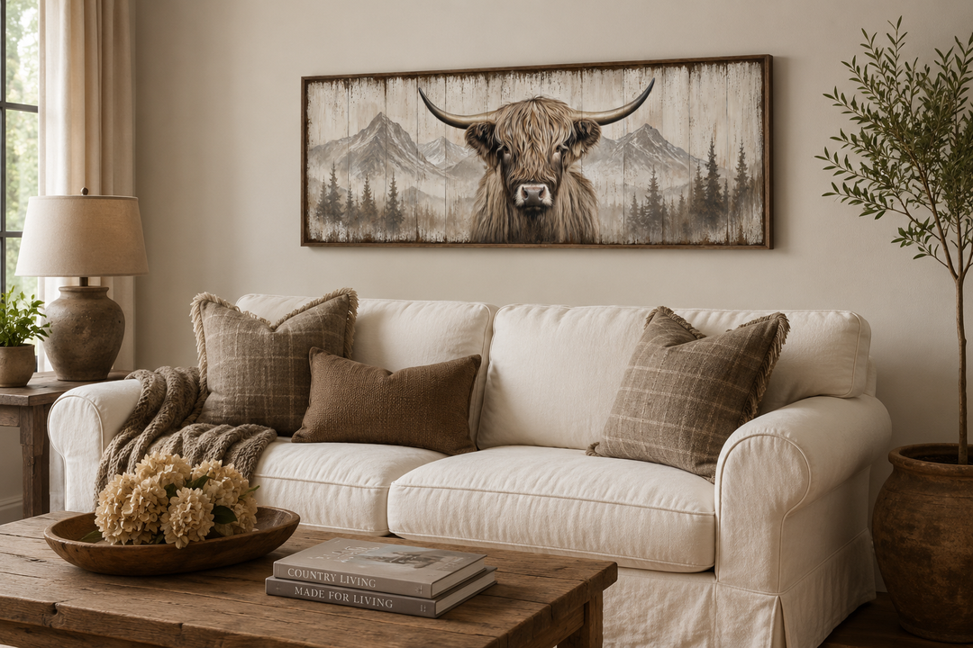 Rustic Highland cow painted on wood horizontal framed canvas wall art above a white sofa.