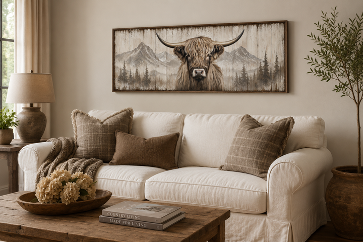 Rustic Highland cow painted on wood horizontal framed canvas wall art above a white sofa.