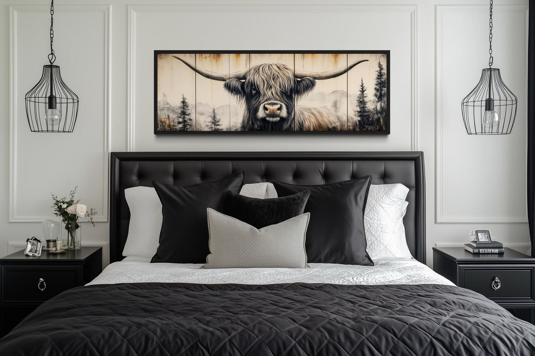 Rustic Highland Cow Painted On Wood Long Horizontal Framed Canvas Wall Art