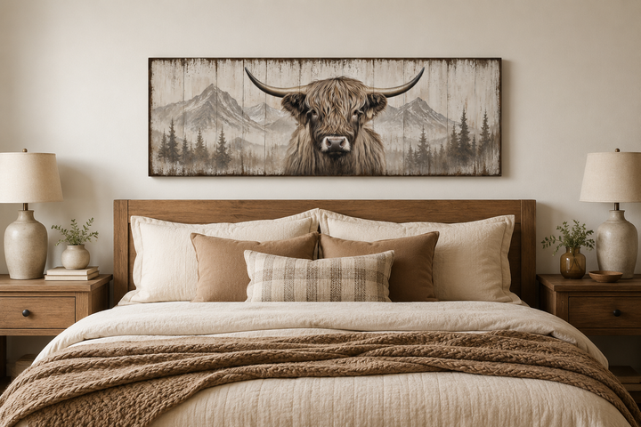 Rustic long horizontal framed canvas wall art of a Highland cow painted on a wood-look background.