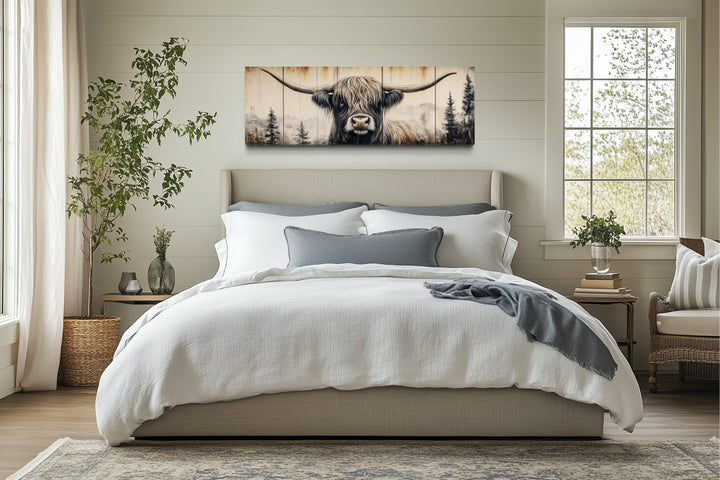 Rustic Highland Cow Painted On Wood Long Horizontal Framed Canvas Wall Art