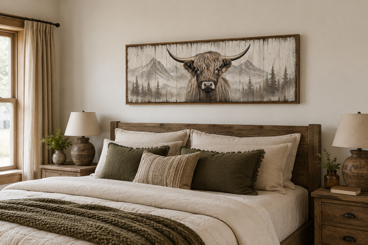 Rustic Highland cow painted on wood long horizontal framed canvas wall art above a bed.