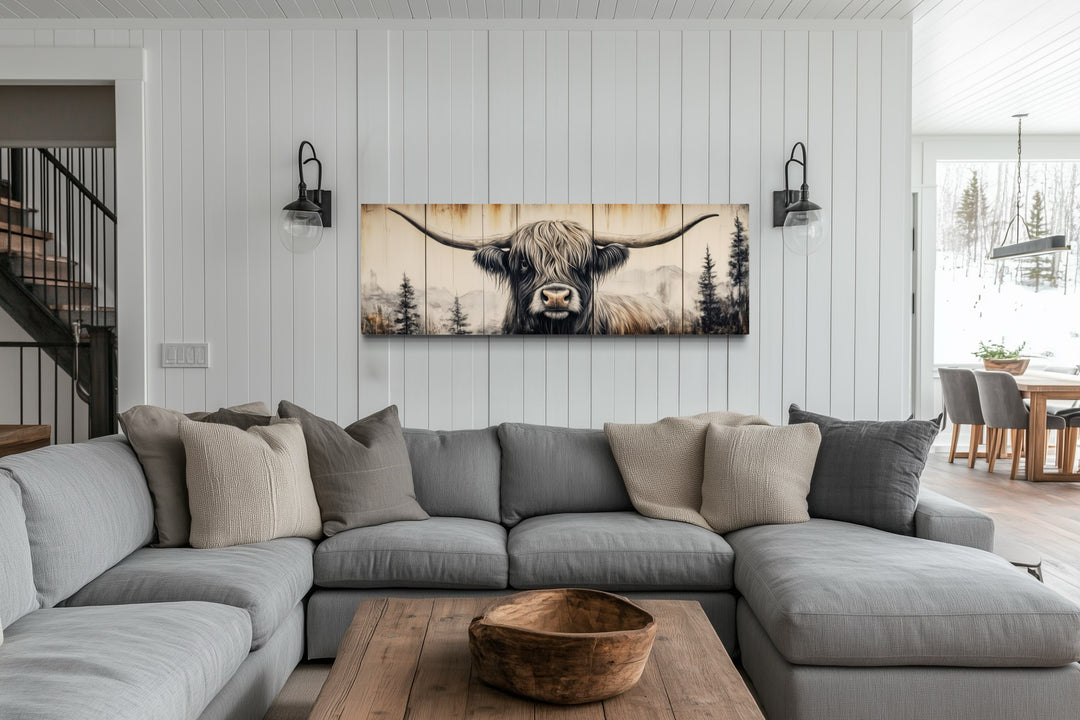 Rustic Highland Cow Painted On Wood Long Horizontal Framed Canvas Wall Art