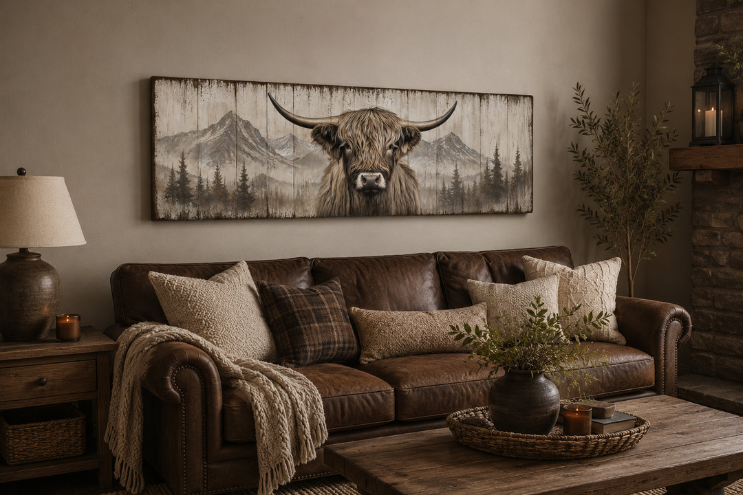 Rustic Highland cow painted on wood long horizontal framed canvas wall art above a leather sofa.