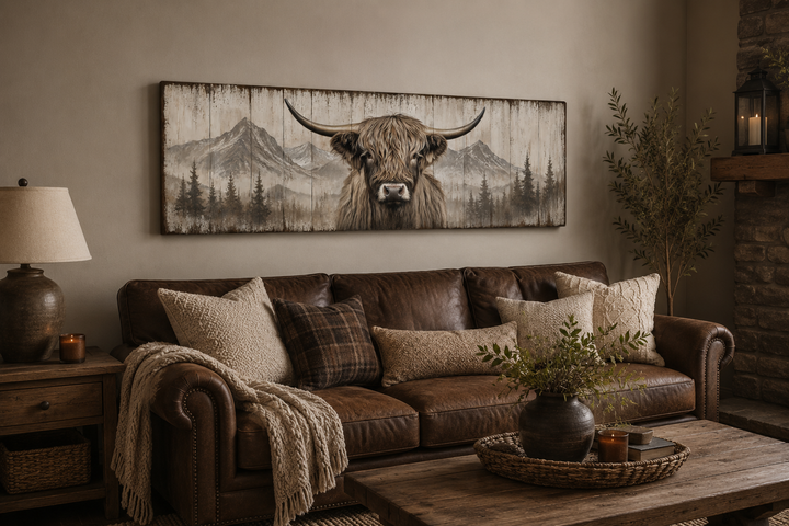 Rustic Highland cow painted on wood long horizontal framed canvas wall art above a leather sofa.