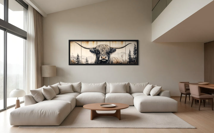 Rustic Highland Cow Painted On Wood Long Horizontal Framed Canvas Wall Art