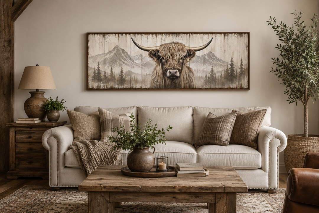 Rustic Highland cow painted on wood long horizontal framed canvas wall art above a neutral sofa.