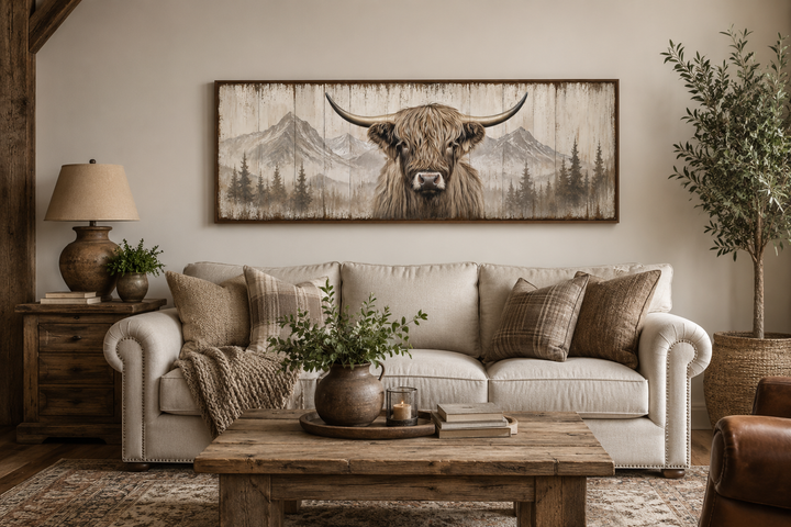 Rustic Highland cow painted on wood long horizontal framed canvas wall art above a neutral sofa.
