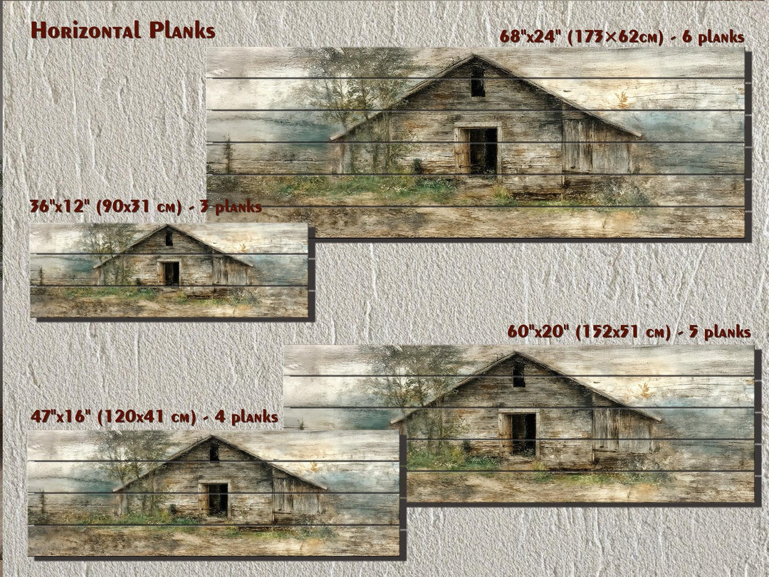Rustic horizontal barn wood wall art featuring a distressed farmhouse landscape on wood planks.