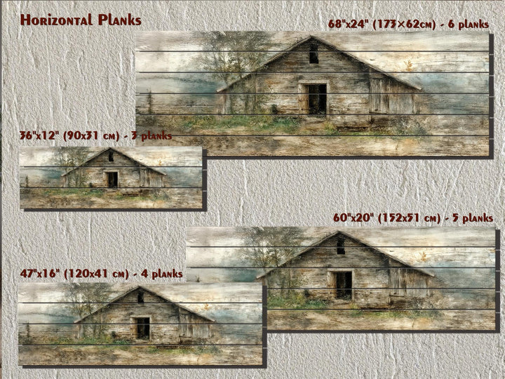 Rustic horizontal barn wood wall art featuring a distressed farmhouse landscape on wood planks.