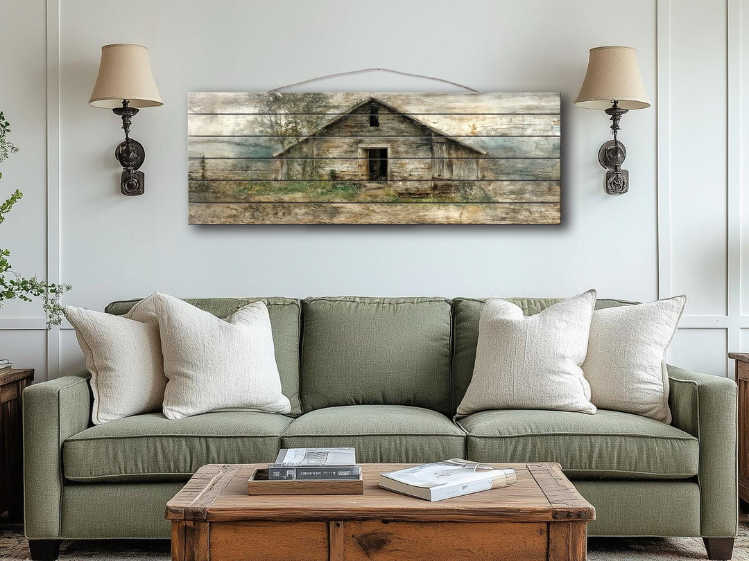 Rustic horizontal narrow barn wood wall art featuring a distressed farmhouse landscape on wood.