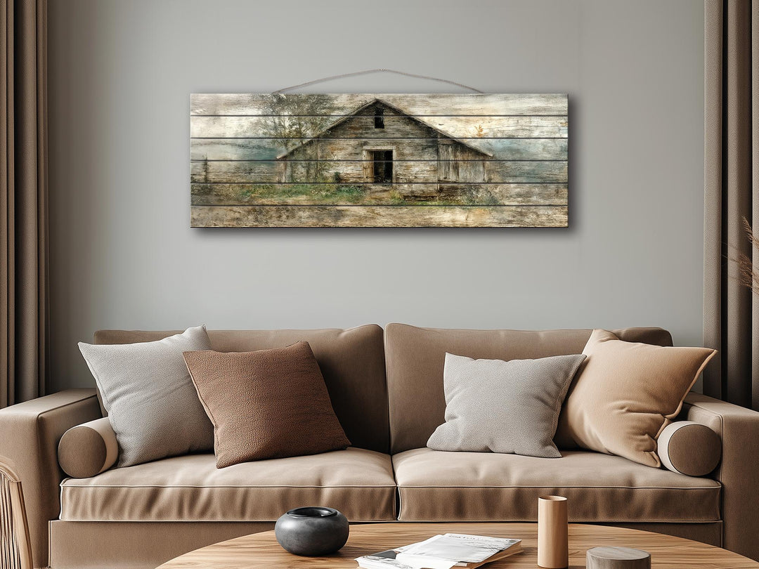 Rustic horizontal narrow barn wood wall art featuring a distressed farmhouse landscape print.