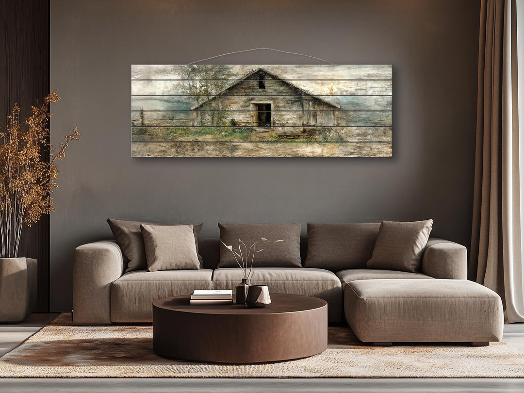 Rustic horizontal narrow barn wood wall art featuring a distressed farmhouse landscape on wood.